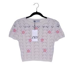 ZARA NEW Floral Crochet Knit Top Ivory Embroidered Short Sleeve Women's S